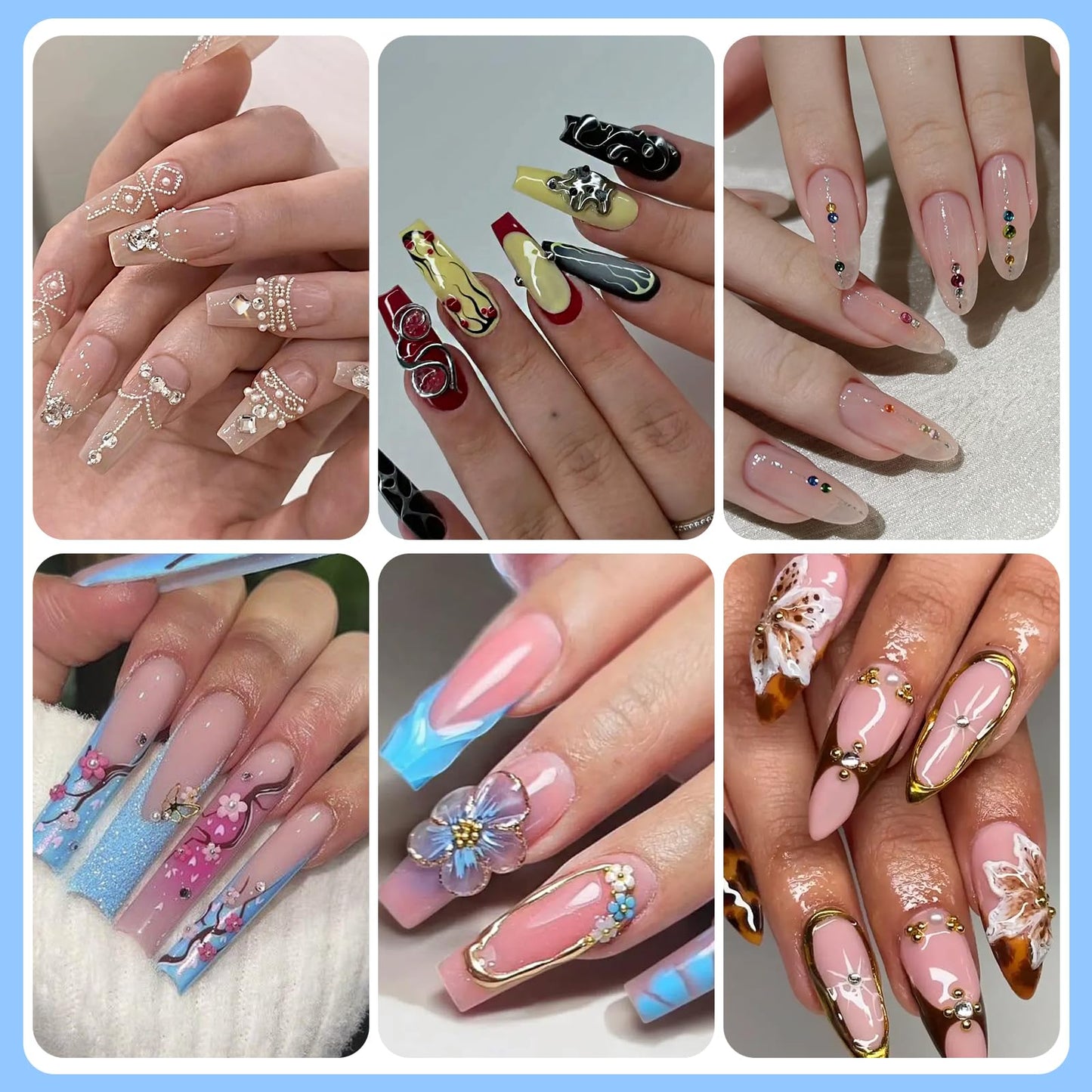 Nail Charms and Gems, Nail Art Kit with 30 Sheets Flower Nail Stickers, 6 Boxes 3D Nail Charms Colorful Clear Flatback Rhinestones Pearls, Diamonds,Picker Tools,Beads Pearls for Nails Art