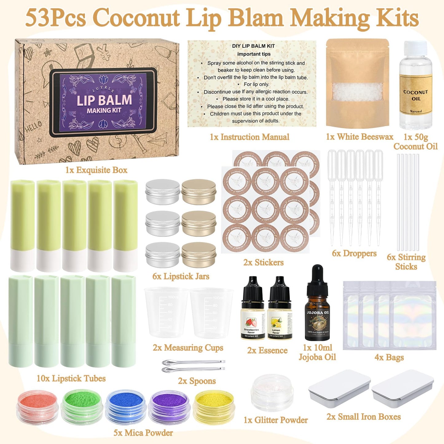 JUYRLE Lip Balm Making Kit- Coconut Lip Gloss Kit with Beeswax, Jojoba Oil, and Coconut Oil for Adults & Girls, Make Your Own Lip Balm– DIY Moisturizing Lip Care