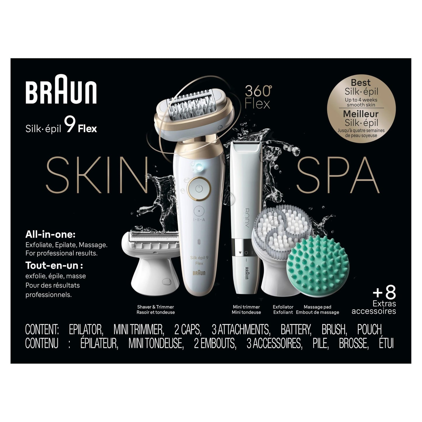 Braun Epilator Silk-épil 9 Flex SkinSpa, Hair Removal Device, 360 Flex and Pivoting Head, Wet and Dry, Includes Shaver Head, Trimmer Comb, Massage Pad, Exfoliation Brush and BodyTrimmer, SES9-481 3D