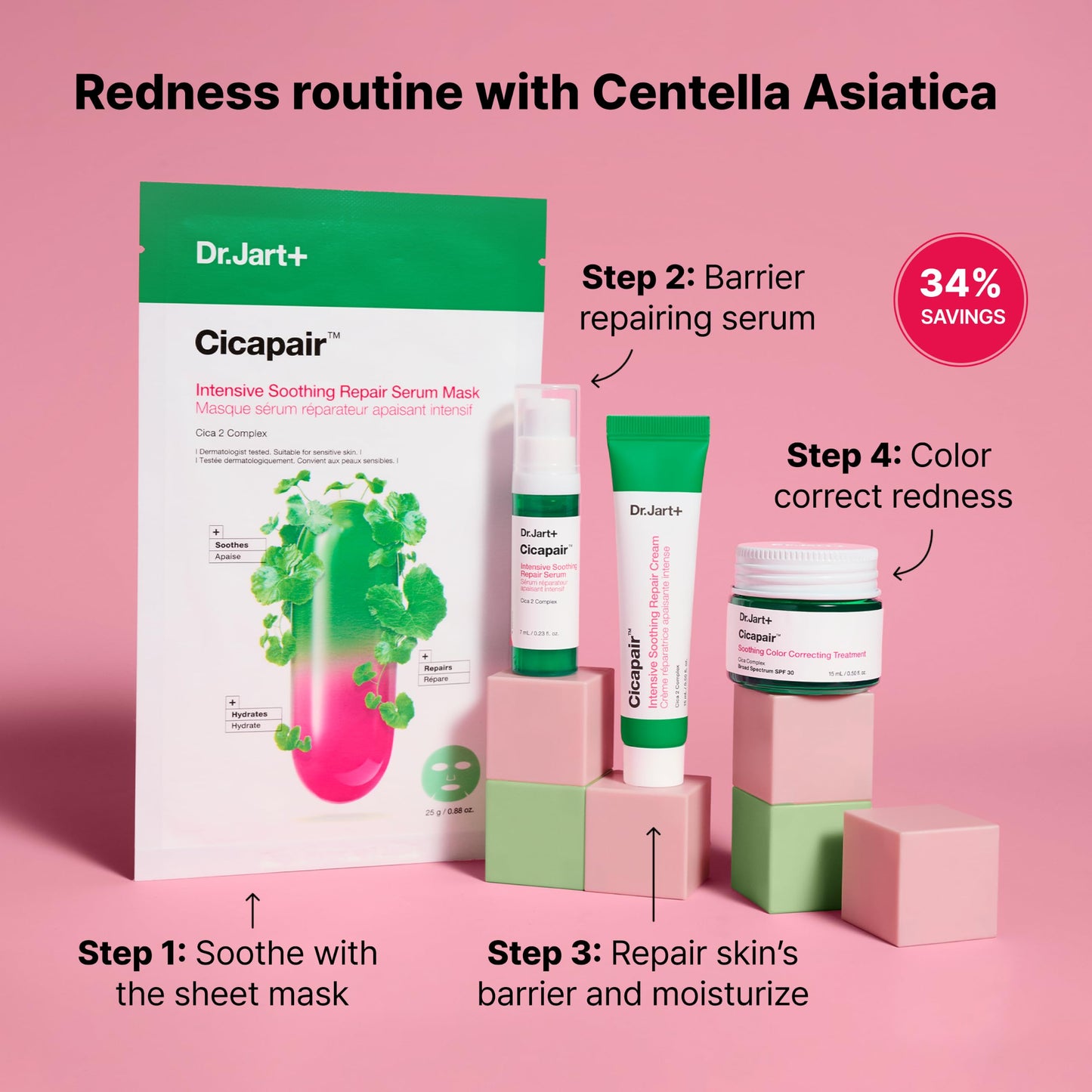 Dr.Jart+ Cicapair Redness Rescue Regimen Korean Skin Care Set with Centella Asiatica | 4 Piece Travel Size Value Gift Set | Gifts for Women