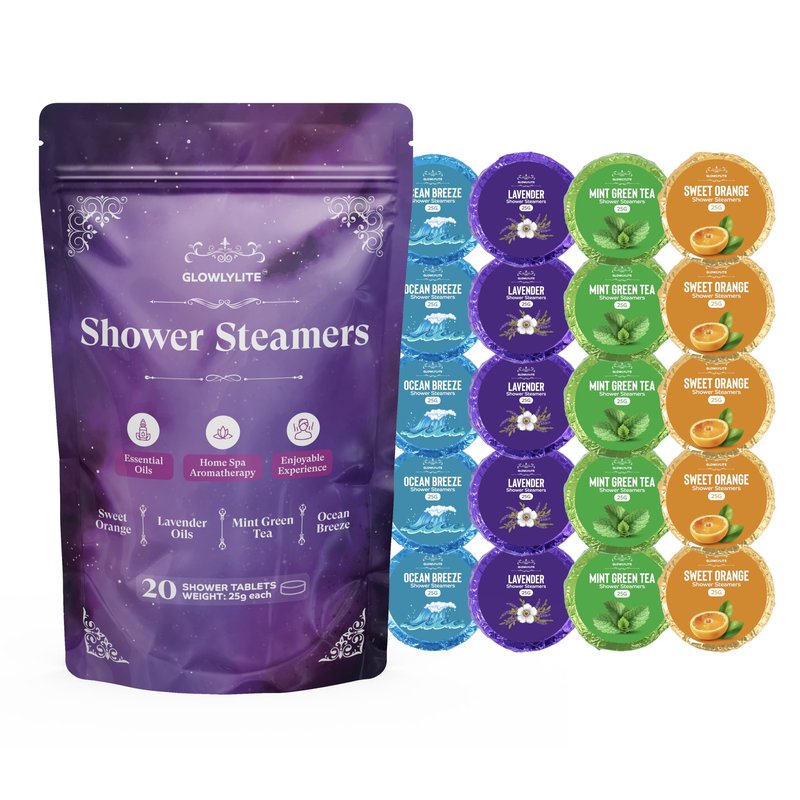 GlowlyLite Aromatherapy Shower Steamers | 20-Pack Essential Oil Shower Bombs Aromatherapy for Relaxation, Stress Relief | Shower Melts for Bath, Gifts for Mom, Stocking Stuffers & Christmas (Purple)