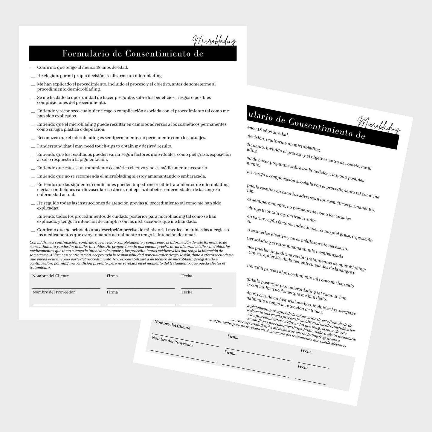 Spanish Microblading Intake, Consent, and Aftercare Form | 75 Pack | 8.5 x 11" A1 Forms | Clients Signature | Consent Forms for Microblading | Clients Signature | Minimalist Design