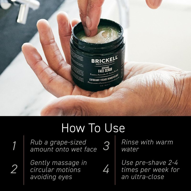 Brickell Men's Renewing Face Scrub - Deep Exfoliating Facial Scrub with Pumice, Caffeine & Jojoba Beads | 4 Ounce