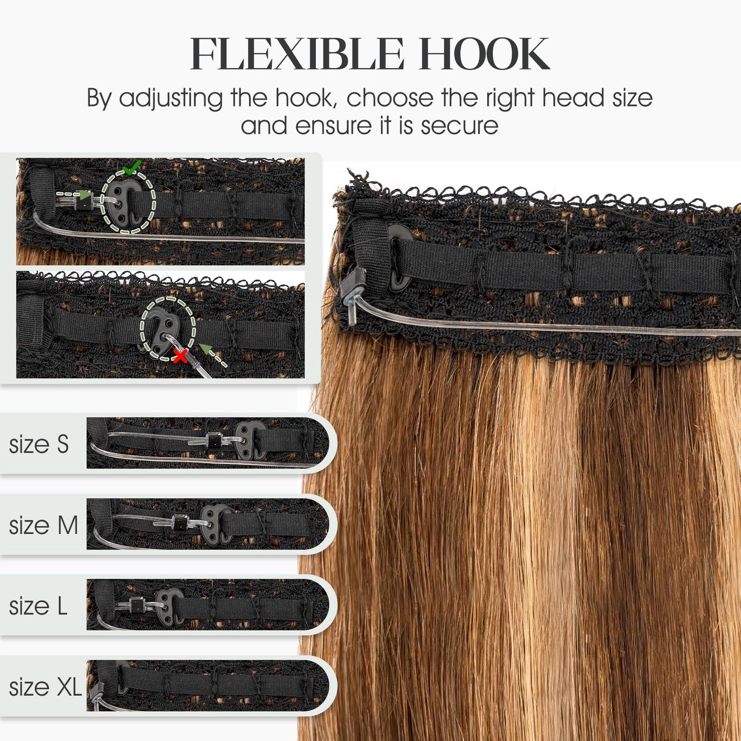 Charites Halo Hair Extensions Real Human Hair Invisible Wire Extensions with Transparent Fish Line Adjustable Size Medium Brown & Dark Blonde 12 inch