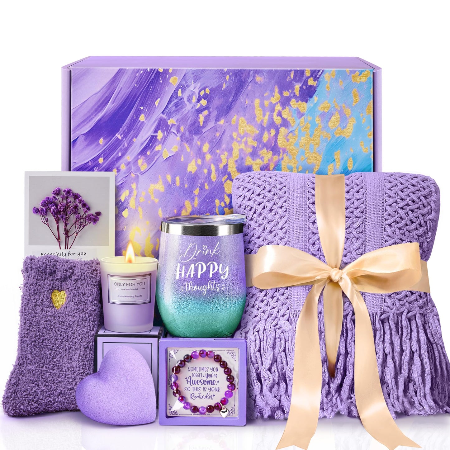 Mothers Day Gifts for Mom Wife Grandma Sister Daughter Friends, Unique Christmas Birthday Gifts for Women Mom Best Friend Her, Lavender Self Care Package Get Well Soon Gift, Spa Gift Baskets w/Blanket