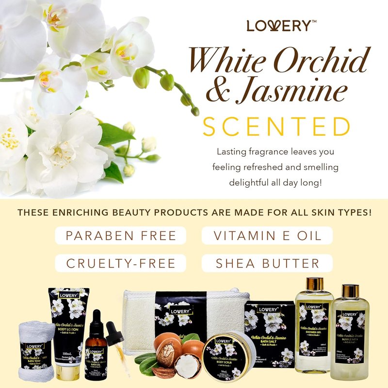 Mother's Day Gift Basket - Orchid & Jasmine Spa Set with Body Scrubs, Lotions & Oils | 9-Piece Care Package for Mom