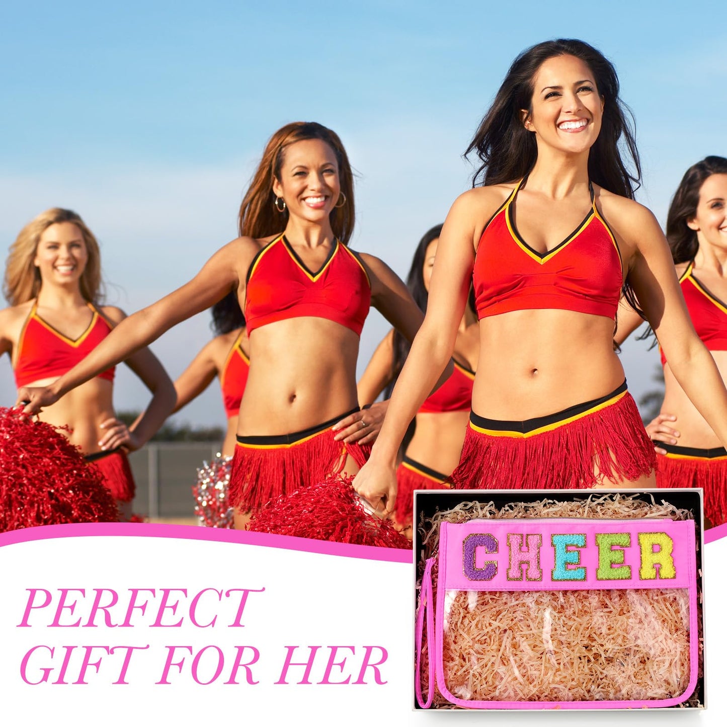 Abbylike 12 Pcs Cheer Bags Cheerleaders Gifts Chenille Letter Makeup Bag Clear Snack Bag with Zipper Waterproof Travel Cosmetic Pouch Bulk for Team Cheerleading Women Mom(Pink)