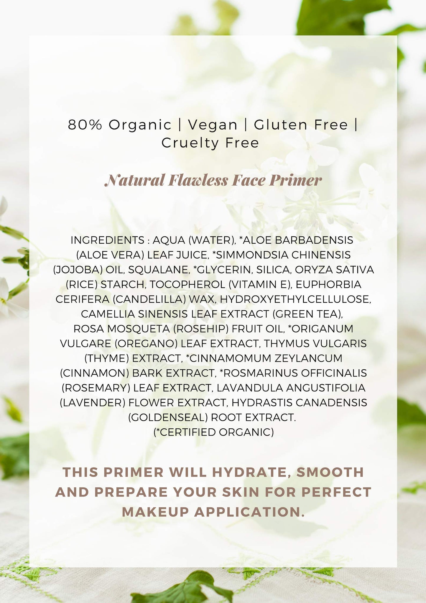 Mom's Secret Natural Flawless Face Makeup Primer, Organic, Vegan, Gluten Free, Non GMO, For All Skin Types, Paraben Free, Cruelty Free, Made in the USA, 1oz