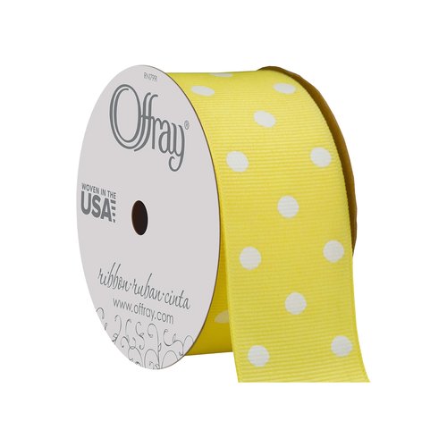 Offray 945858 1.5" Wide Grosgrain Ribbon, Lemon Yellow and White Polka Dot, 3 Yards