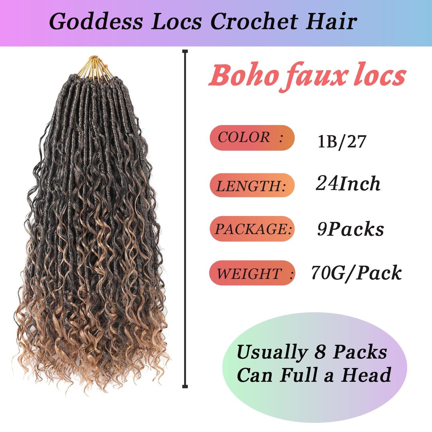 9 Packs Crochet Hair 24Inch Goddess Locs with Curly Ends Long Bohemian River Pre Looped Crochet Hair for Black Women(24inch,1B)