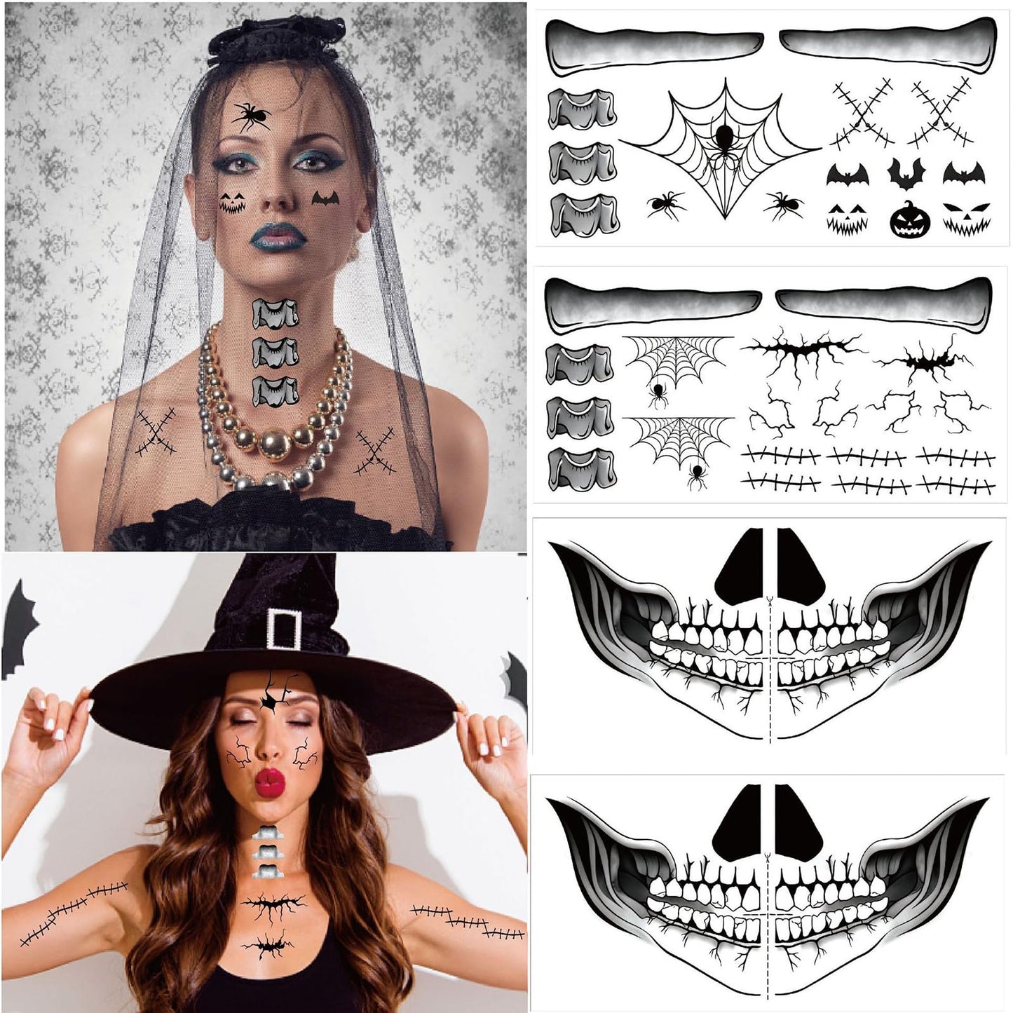 8 Sheets Halloween Temporary Face Tattoos Stickers,Mouth Scar Skeleton Hand Temporary Tattoos Adult, Body Makeup Cosplay Festival Rave Face Stickers Halloween Decorations