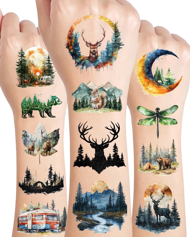156 Pieces Forest Temporary Tattoos Stickers,20 Sheets Forest Tree Animal Adventure Nature Themed Tattoos Stickers Party Decoration Supplies Party favors for Kids Adults