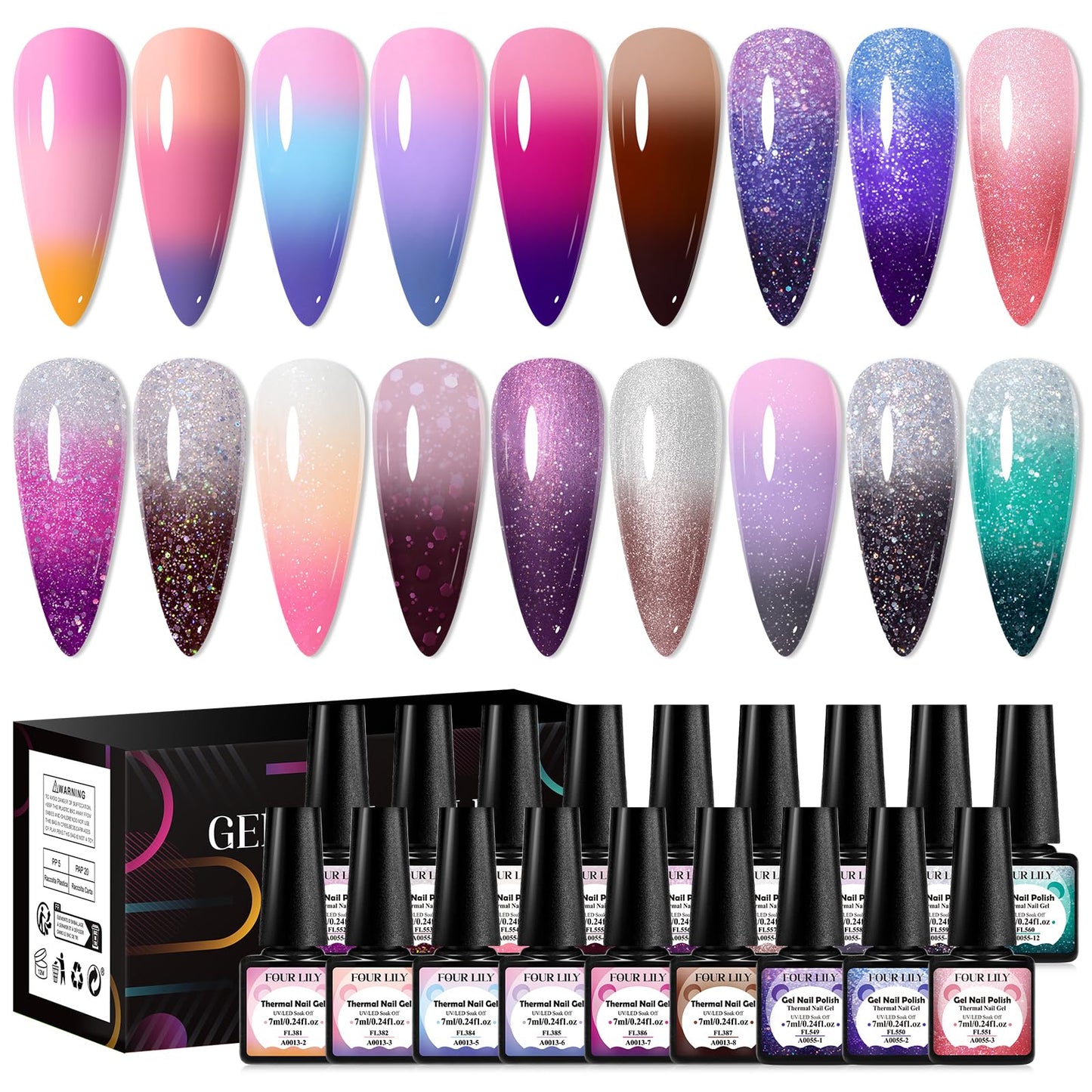 Four Lily Color Changing Gel Nail Polish Set, 18 Temperature Mood Changing Colors Red Pink Purple, Soak Off UV Light Cure Gel Polish for Salon and Nail Art DIY at Home