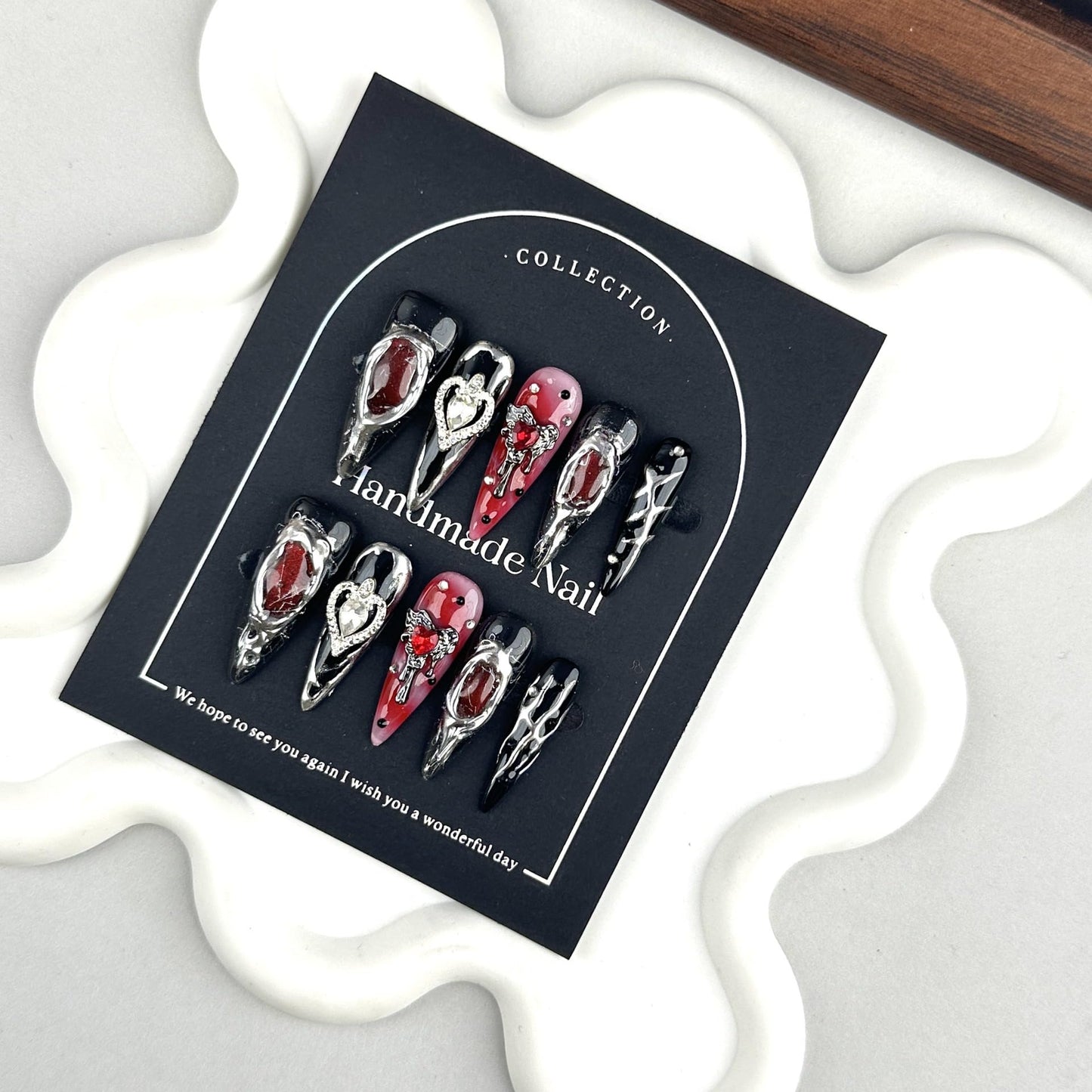 100% Handmade Press on Nails Halloween Nail Press ons Medium Almond Black Fake Nails with Skeleton Silver Charms Design Halloween Press on Nail Gothic Reusable Handmade Nails for Women Girls Size M