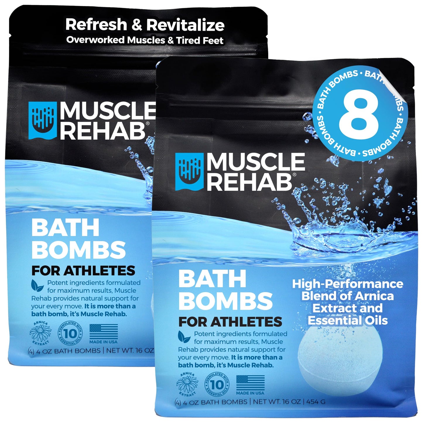 Muscle Rehab Epsom Salt Bath Bombs for Sore Muscles (8 Pack, 2x4) | Magnesium Recovery Soak with Arnica for Post-Workout Muscle Recovery & Relaxation | Eucalyptus, Turmeric & Essential Oils
