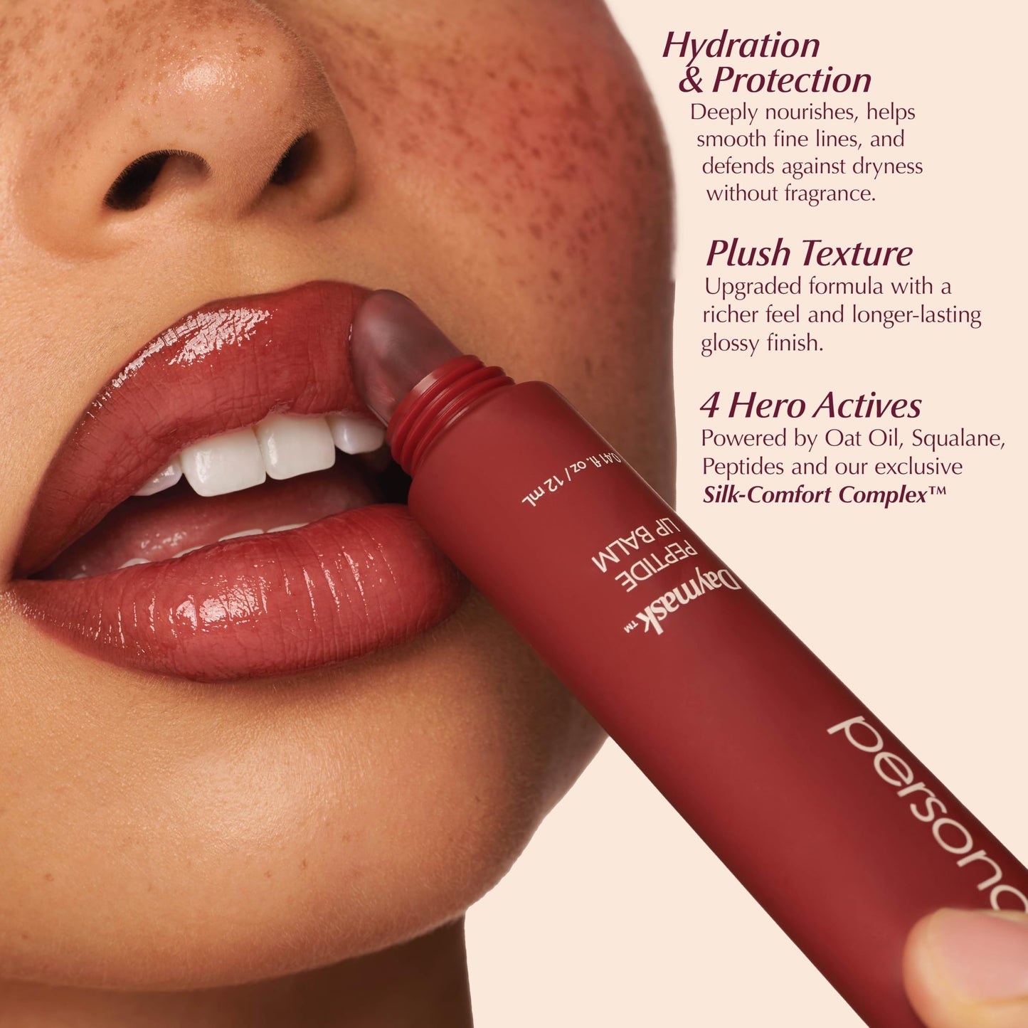 PERSONA Pomegranate Daymask Peptide Lip Balm | Rich, Glossy Hydration | With Oat Kernel Oil, Squalane & Peptide Complex | Vegan, Fragrance-Free, Sensitive-Lip Safe (0.3 oz) | Made in USA
