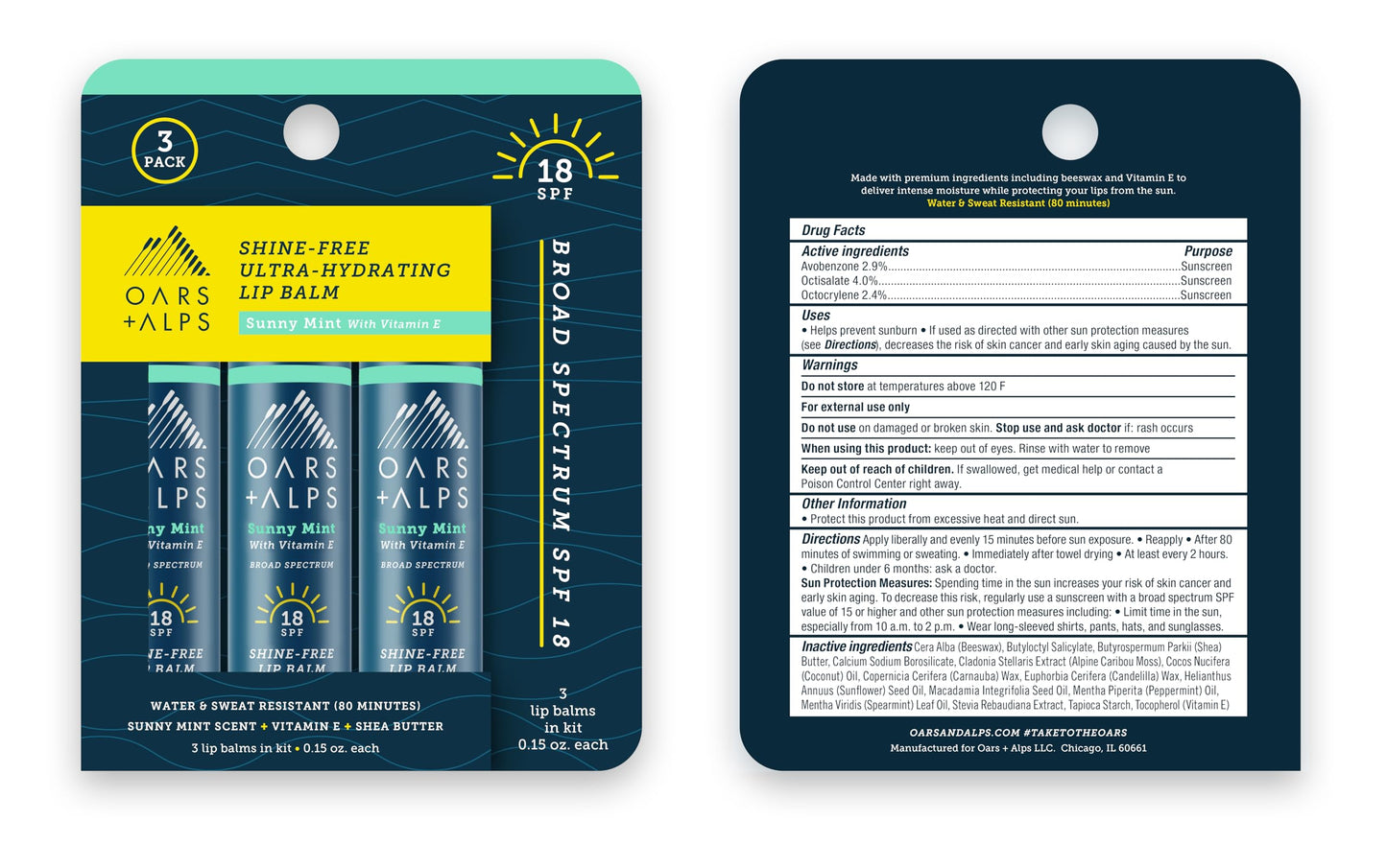 Oars + Alps SPF 18 Lip Balm Sunscreen, Shine Free, Sunny Mint Scent, 3pk