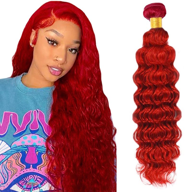 Red Human Hair Bundles Deep Wave 30 Inch Deep Single Bundle Human Hair Light Red Color Unprocessed Native Virgin Hair 100g Total Double Weft Crochet Human Hair Extensions for Women