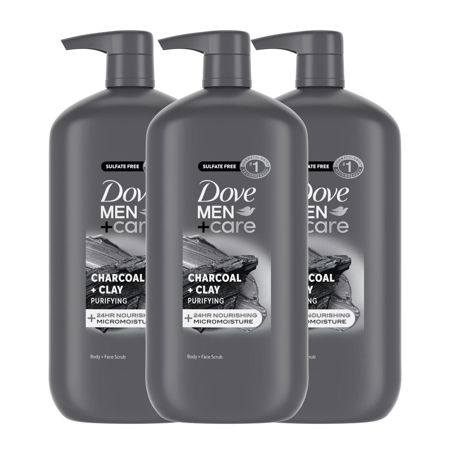 Dove Men+Care Purifying Body & Face Wash 3 Count Charcoal Clay with 24-Hour Nourishing Micromoisture Technology 30 oz