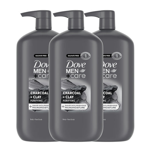 Dove Men+Care Purifying Body & Face Wash 3 Count Charcoal Clay with 24-Hour Nourishing Micromoisture Technology 30 oz