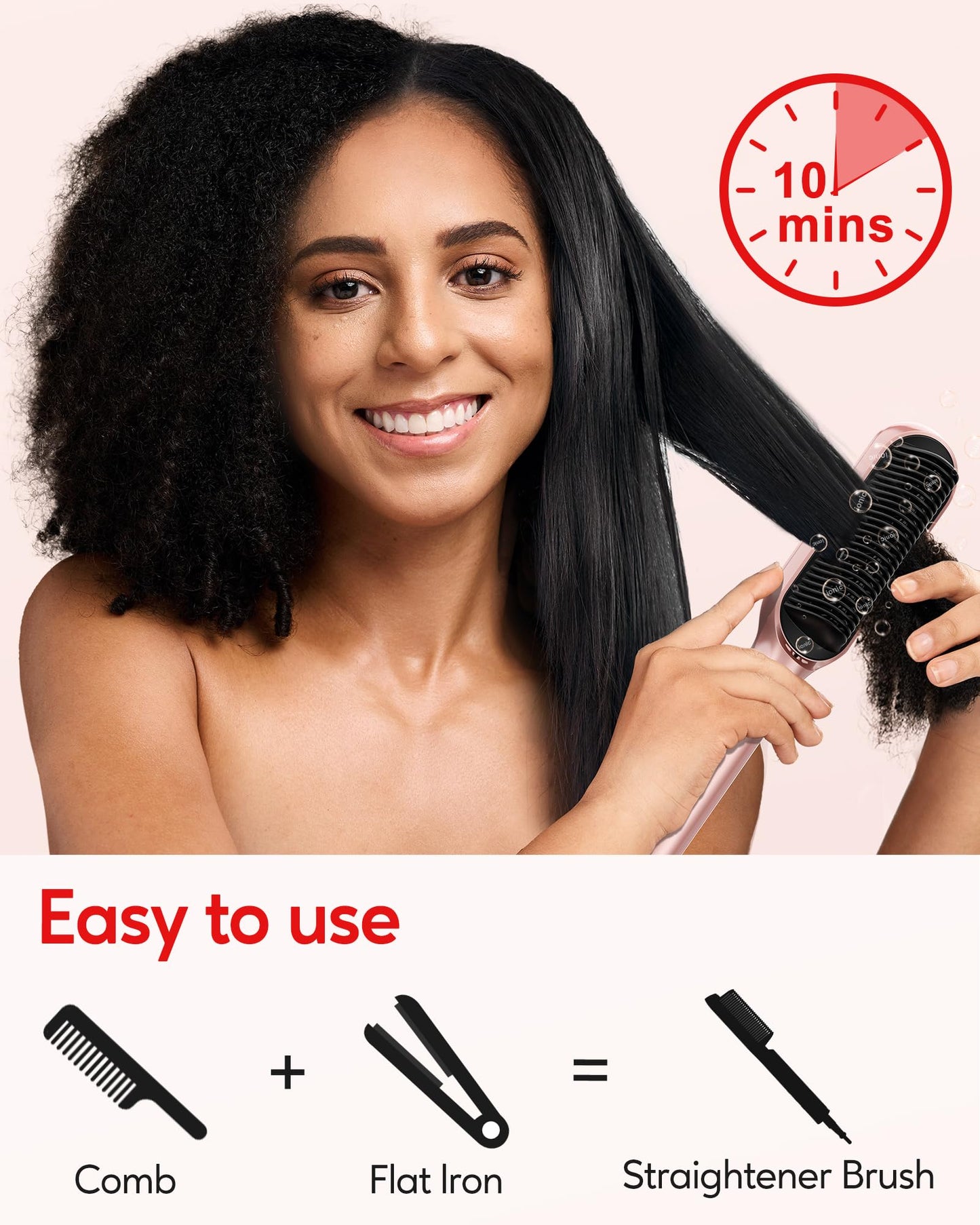 Terviiix Hair Straightener Brush Rose Gold - Ionic Anti-Frizz Hair Straightening Comb with MCH Heater, 13 Heat Settings, Fast Heating 20S, Dual Voltage, for Smooth & Shiny Hair