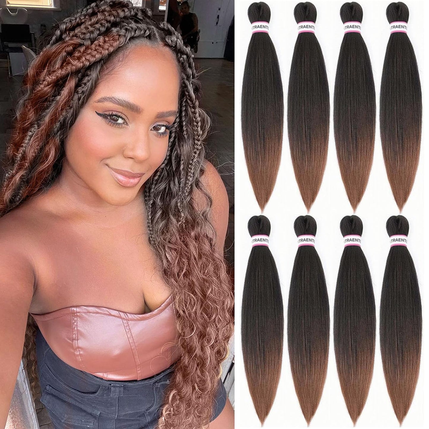 ATRAENTE Pre Stretched Braiding Hair,20 Inch Ombre Braiding Hair, Two Tone Yaki Texture Prestretched Crochet Braids Professional Synthetic Hair Extension Itch Free Hot Water Setting (20" T1B/30#)