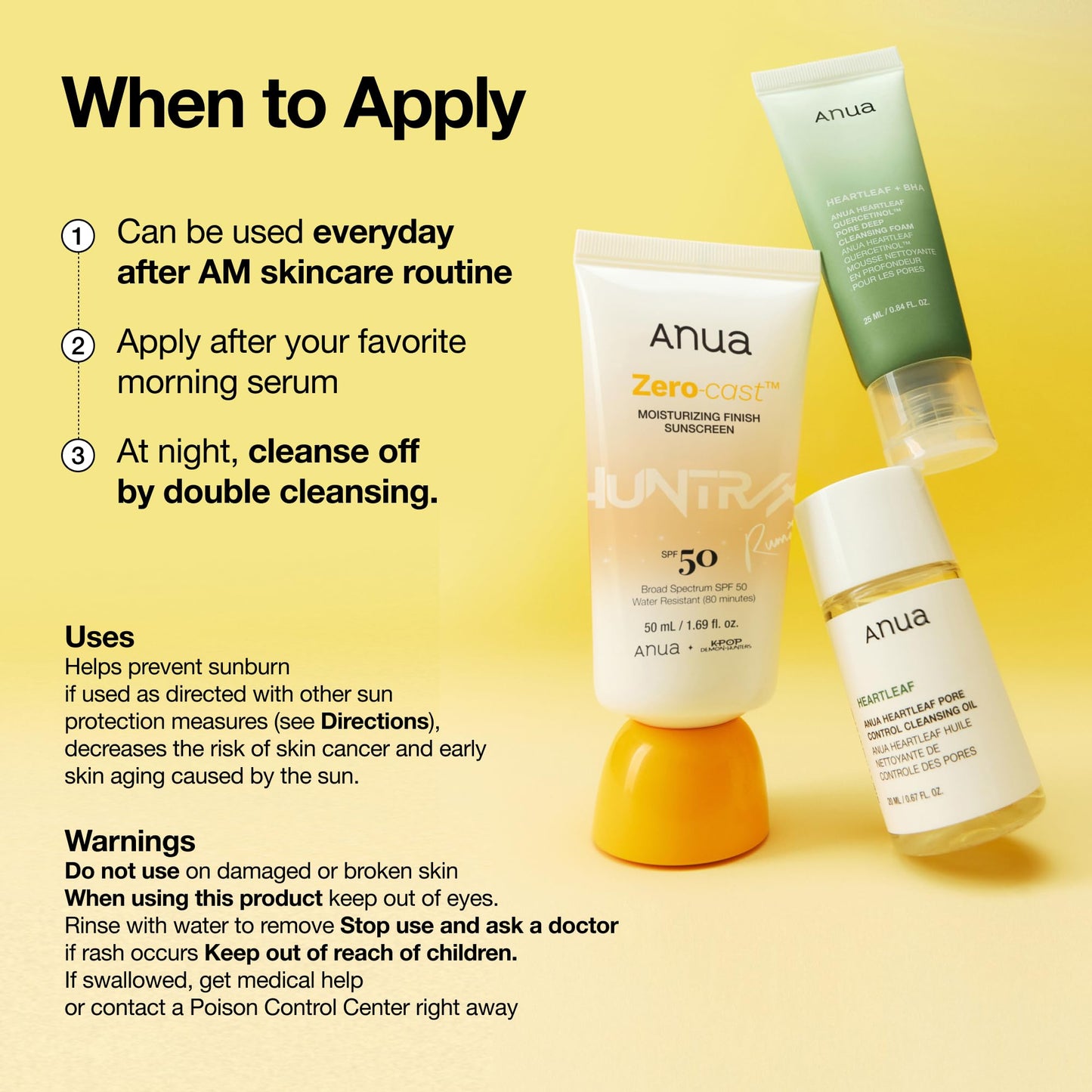 Anua, Zero-Cast Moisturizing Sunscreen SPF 50, Glow Natural Sunscreen for face, No White Cast, Hyaluronic Acid, Niacinamide, Oil-Free, KPop Demon Hunters, Korean Skincare, 1.69 fl oz