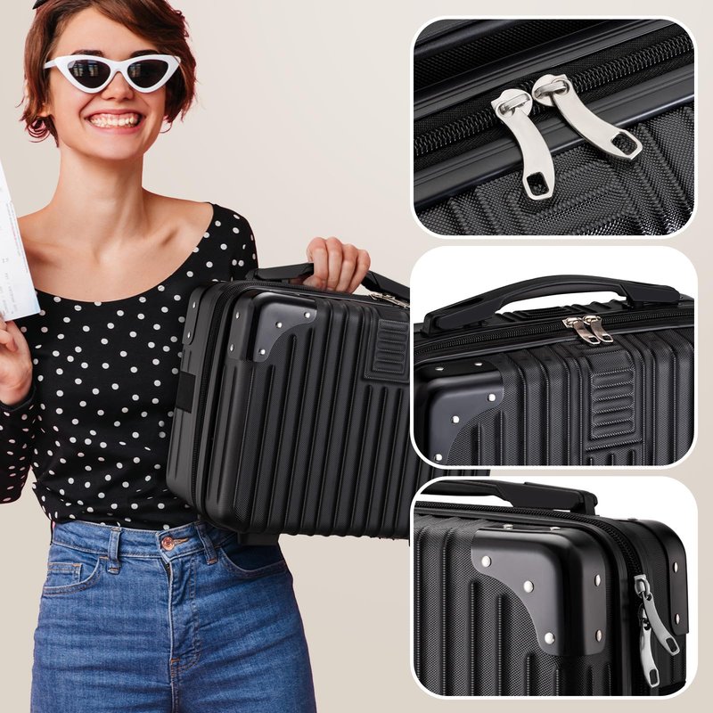 Noverlife 14in Hard Shell Makeup Travel Case, Portable Cosmetic Train Case with Elastic Band, Pressure-proof ABS Carrying Makeup Suitcase, Cosmetic Travel Hand Luggage Bag Organizer - Rose Gold