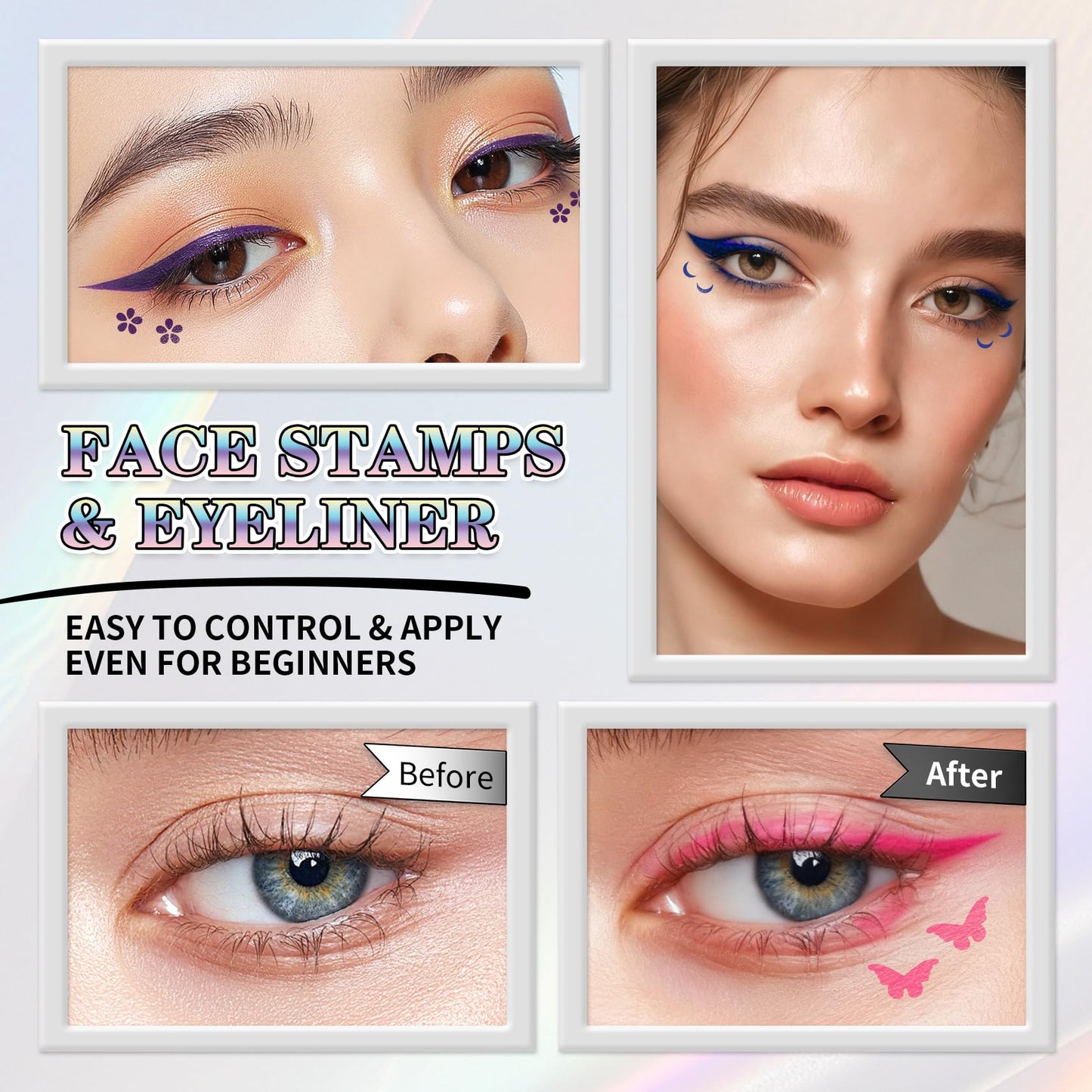 7Pcs Colored Liquid Eyeliner Stamp Pen Double-sided Face Stamps Set Green Red Pink Blue Purple Brown Black Eyeliner, Star Heart Butterfly Moon Flowers Smiley Triangle Stamp for Cosplay Eye Makeup