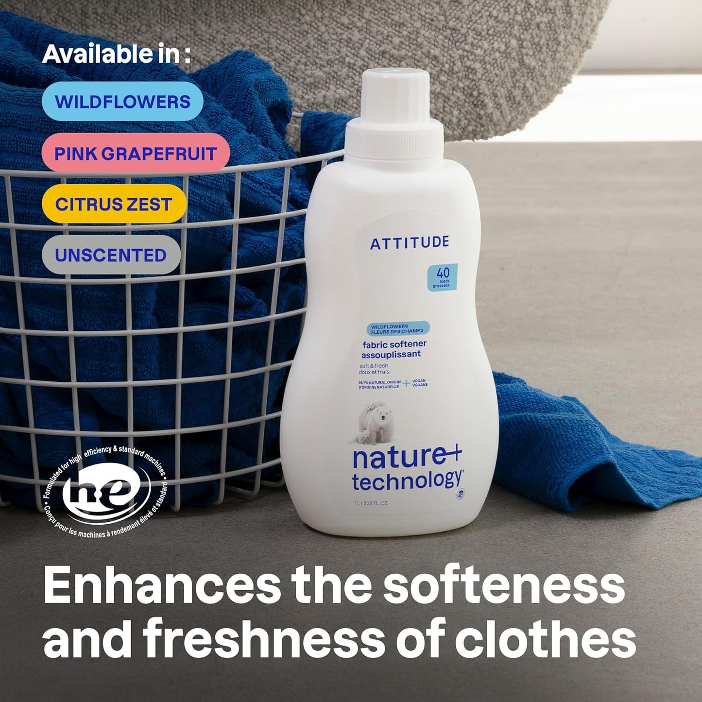 ATTITUDE Liquid Fabric Softener - Plant-Based & Vegan, Wildflowers Scent | 33.8 Fl Oz, 40 Loads
