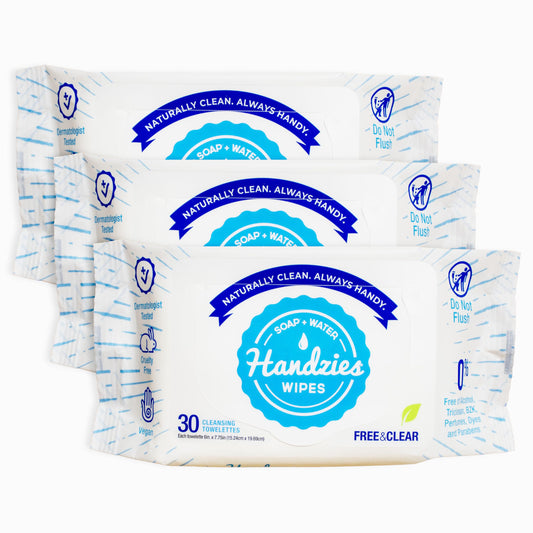 Handzies Natural Soap and Water Cleansing Towelettes - Free&Clear - 30ct Soft Pack - Bundle of 3 (90 total towelettes)