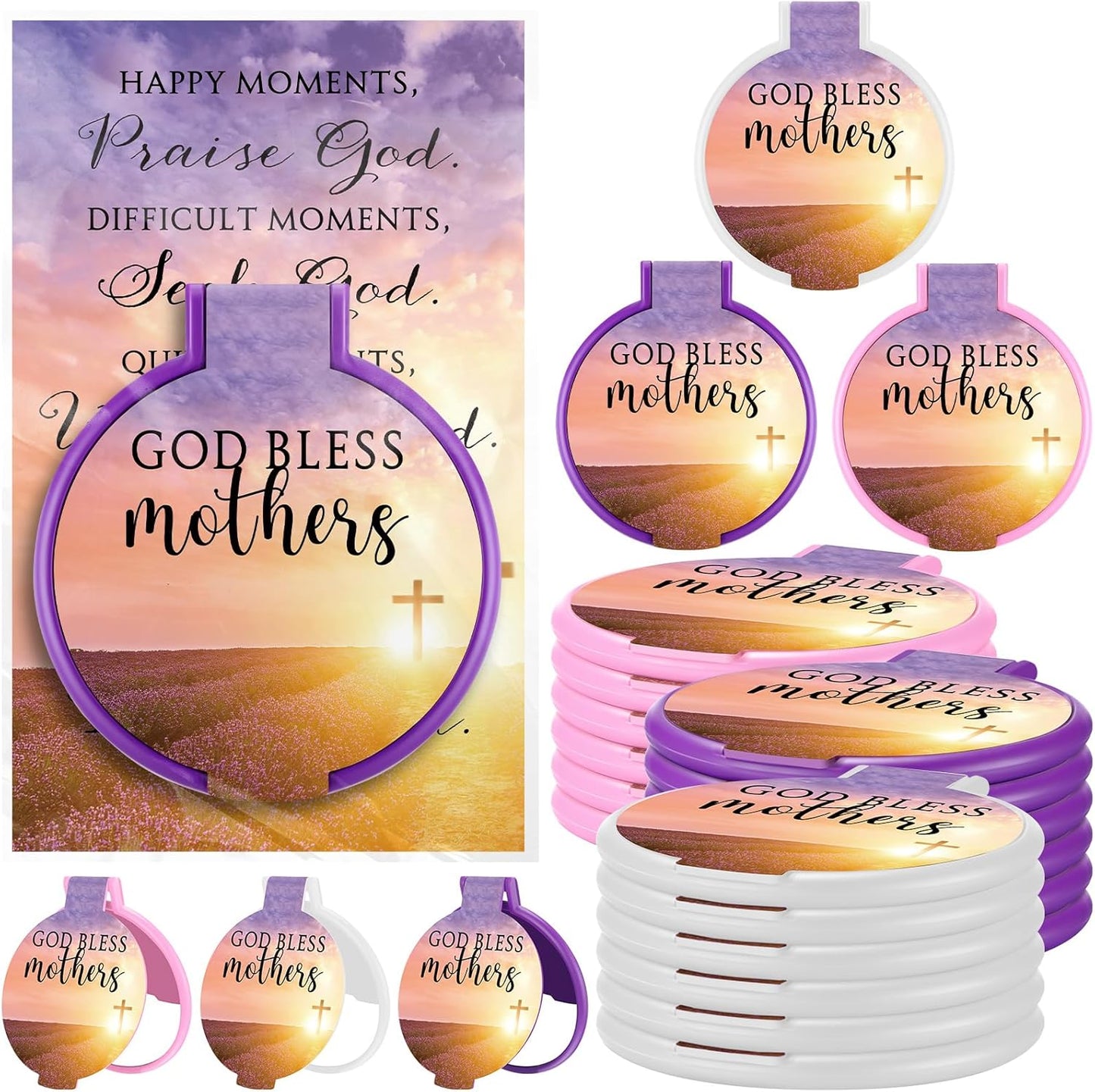 Christian Gifts for Mother's Day - Compact Folding Mirrors with Bible Verses & Happy Mother Cards | 50 Sets - Lavender