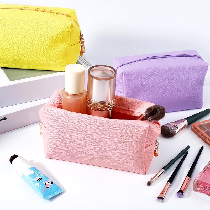 PIEMEET 15Pcs Makeup Bag Bulk, PVC Leather Cosmetic Bag, Double Zippers Cosmetic Pouch, Waterproof Toiletry Bags, Plain Makeup Pouch Travel Bags for Women Party Gift Travel Storage Organizer, 5 Colors
