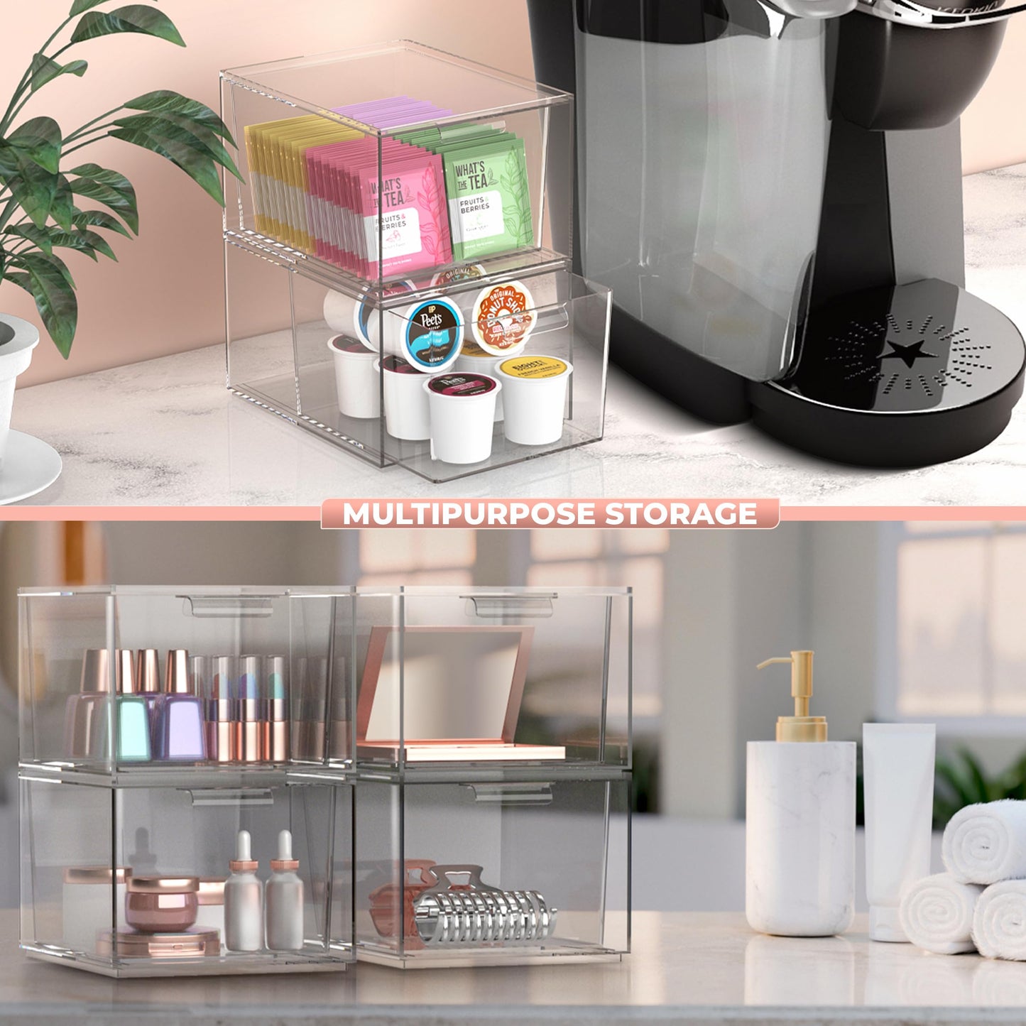 Sorbus 3 Pack Makeup Organizer - Clear Stackable Acrylic Drawer Organizer for Vanity, Bathroom, Undersink, Cabinets, Jewelry, Stationary, Plastic Storage Bins for Office Organization and Storage