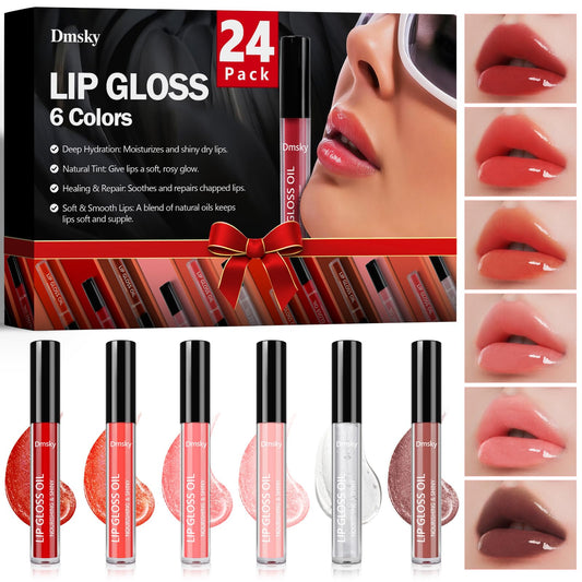 Dmsky 24 Pack Lip Gloss Set, 6 Colors Shiny Soft Lip Gloss Bulk, Lip Oil for Dry Cracked Lips Moisturizing Nourishing,Lip Stain With Rich Varied Colors For Girls and Women Makeup