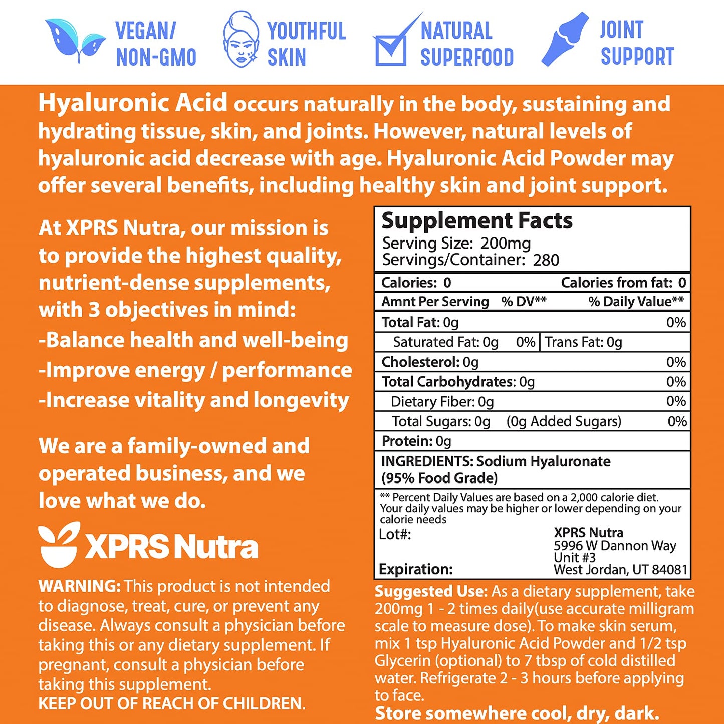 XPRS Nutra Hyaluronic Acid Powder - 14 Grams of Pure Hyaluronic Acid Serum Powder - DIY Serum for Face and Skin - Food and Cosmetic Grade Pure (2 oz)