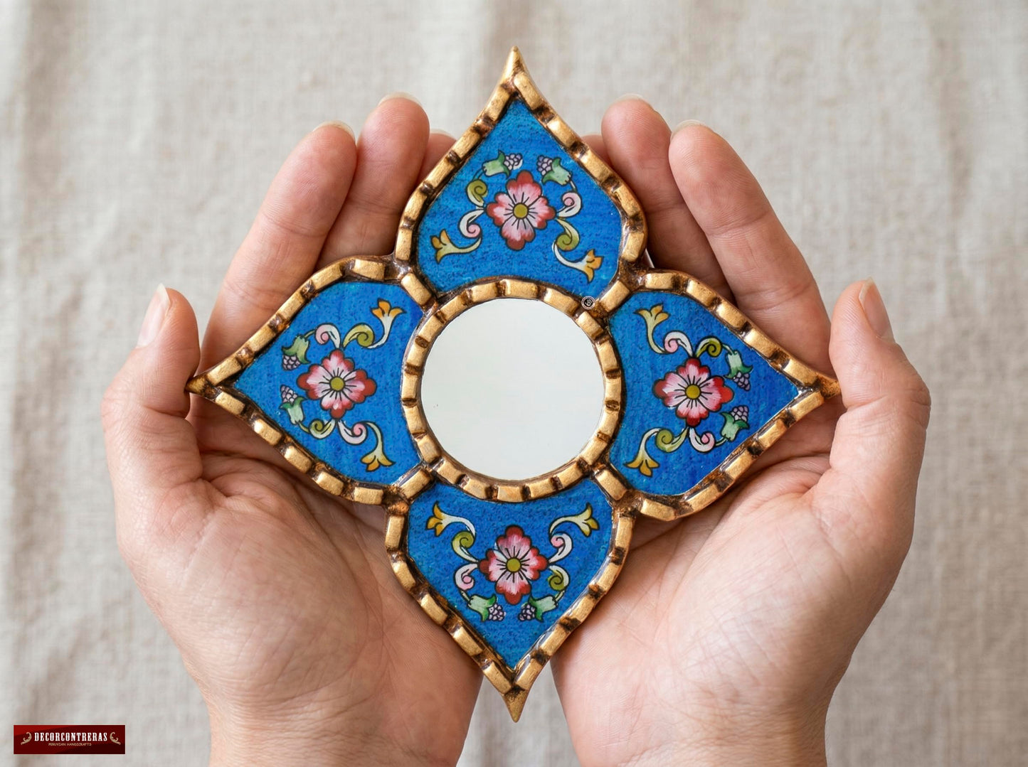DecorContreras Peruvian Painted Glass Mirror with Bronze Leaf Framed - Handmade Diamond Mirror 6in for Gallery wall (Blue)