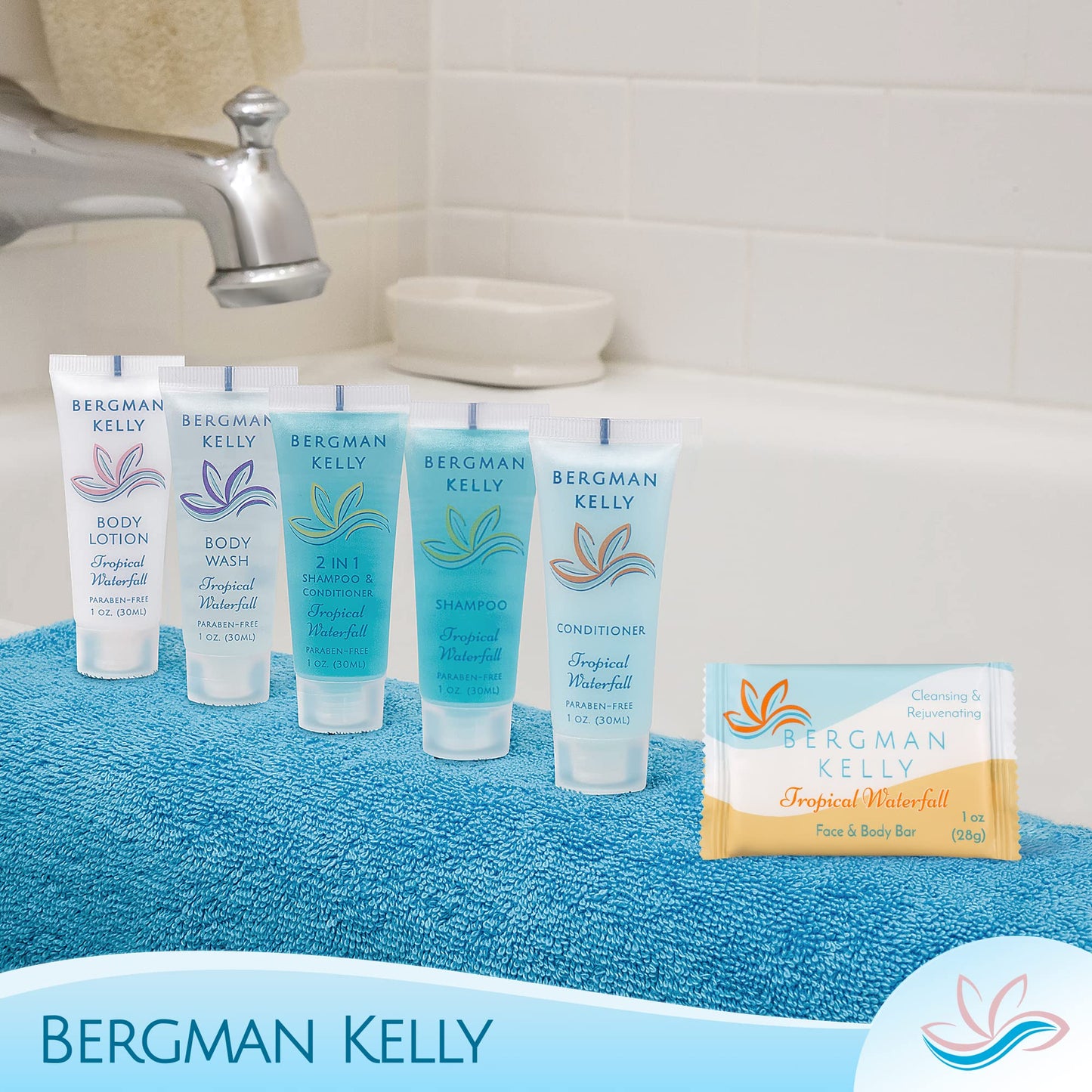 BERGMAN KELLY - Hotel Soap Bars - Tropical Waterfall, 1 oz, 100 PK - Travel Size Luxury Bulk Amenities Bar Soap - Mini Individually Wrapped Rectangular Soap, Small Toiletries for Airbnb & Motel