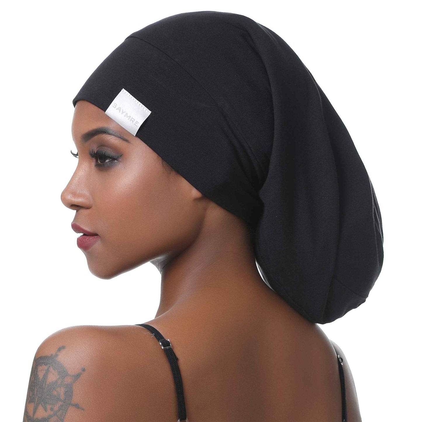 SAYMRE Large Satin Lined Bonnet Silky Hair Wrap Sleep Cap - Adjustable Beanie Slouchy Hats Bonnets for Women Long,Curly Hair (XX-Large, Black)