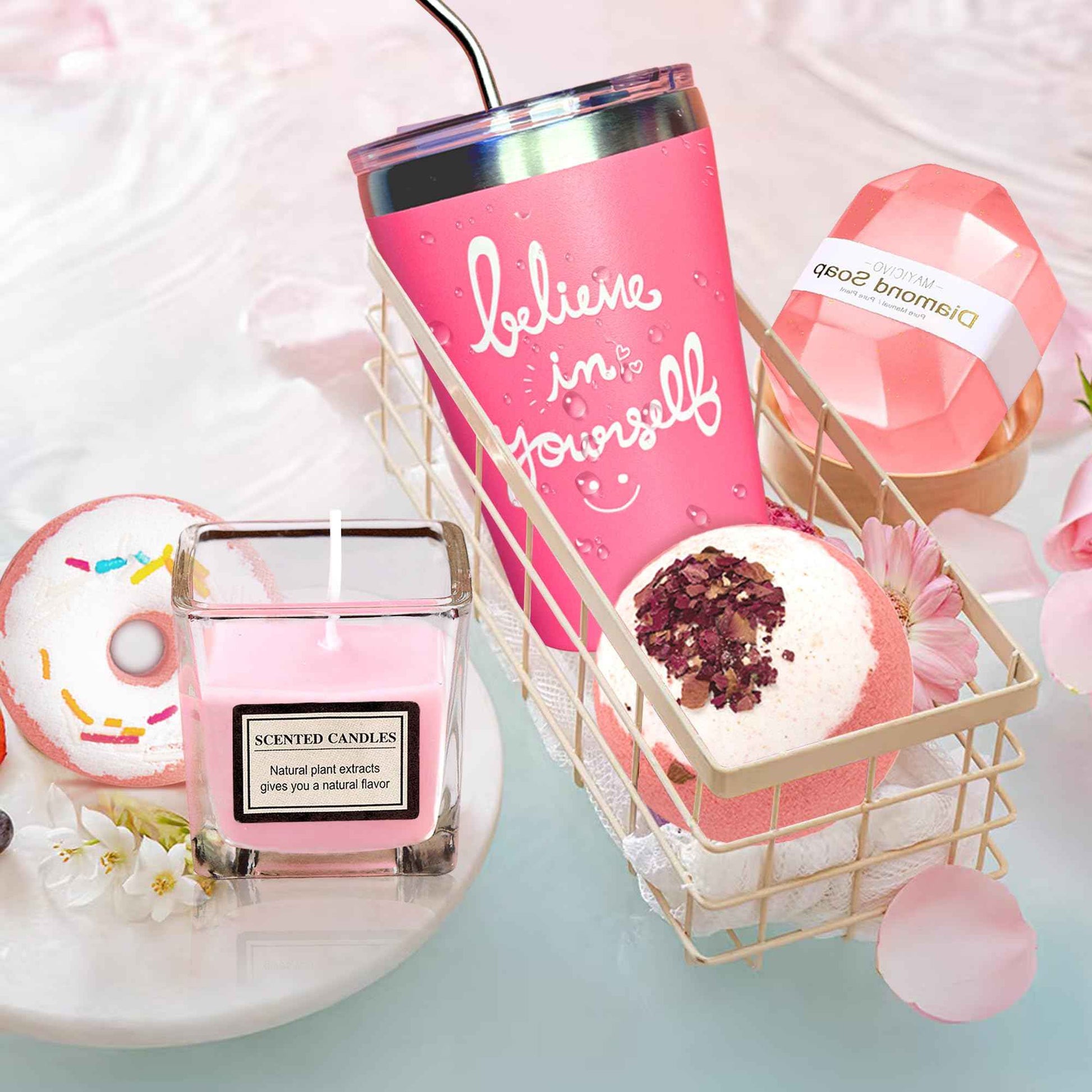 Reekei get Well Soon Care Package,15Pcs Gifts Set- Birthday Gifts for Women - Funny Gift Ideas for Friends, Coworkers, Wife, Mom, Daughter,Sister,Lavender Relaxing Gift Basket for Women,Pink style