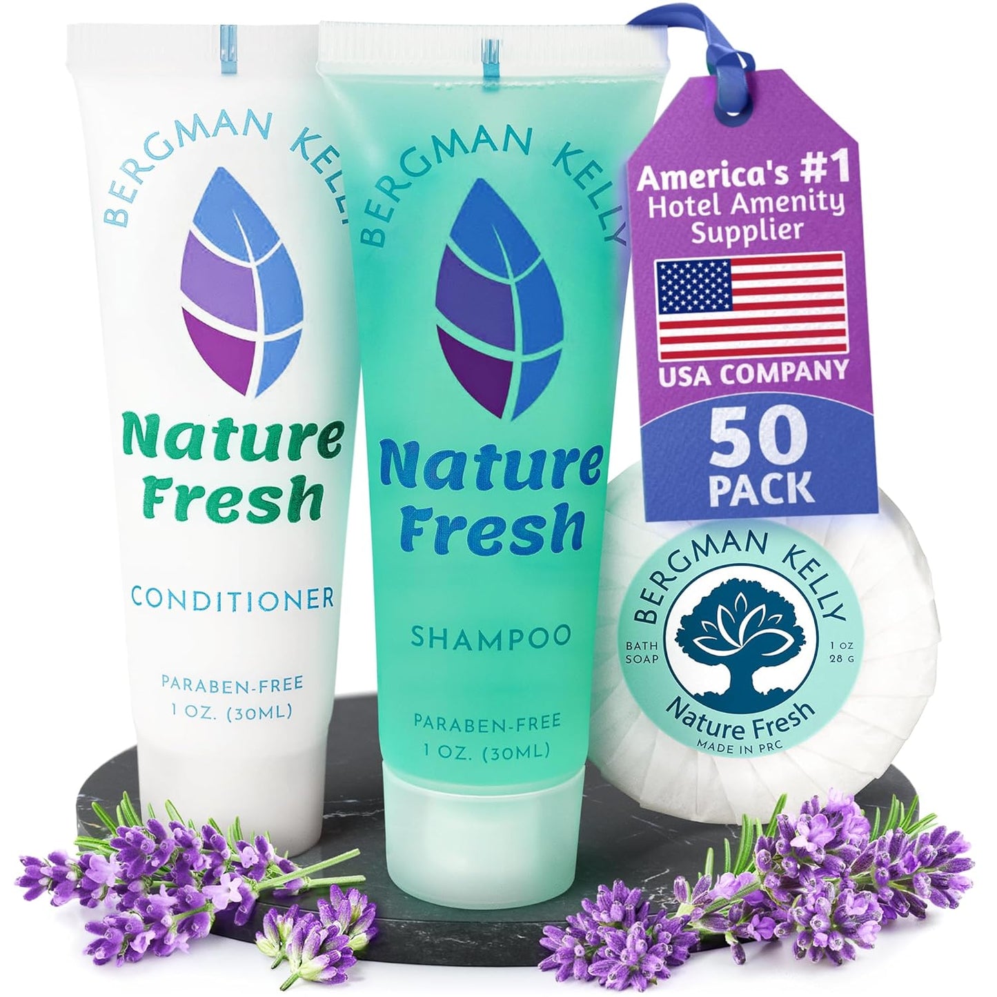 Bergman Kelly Round Hotel Soap Bars & Mini Travel Toiletries Set - Refreshing Shampoo & Conditioner | 1 oz Each, 150 Pieces