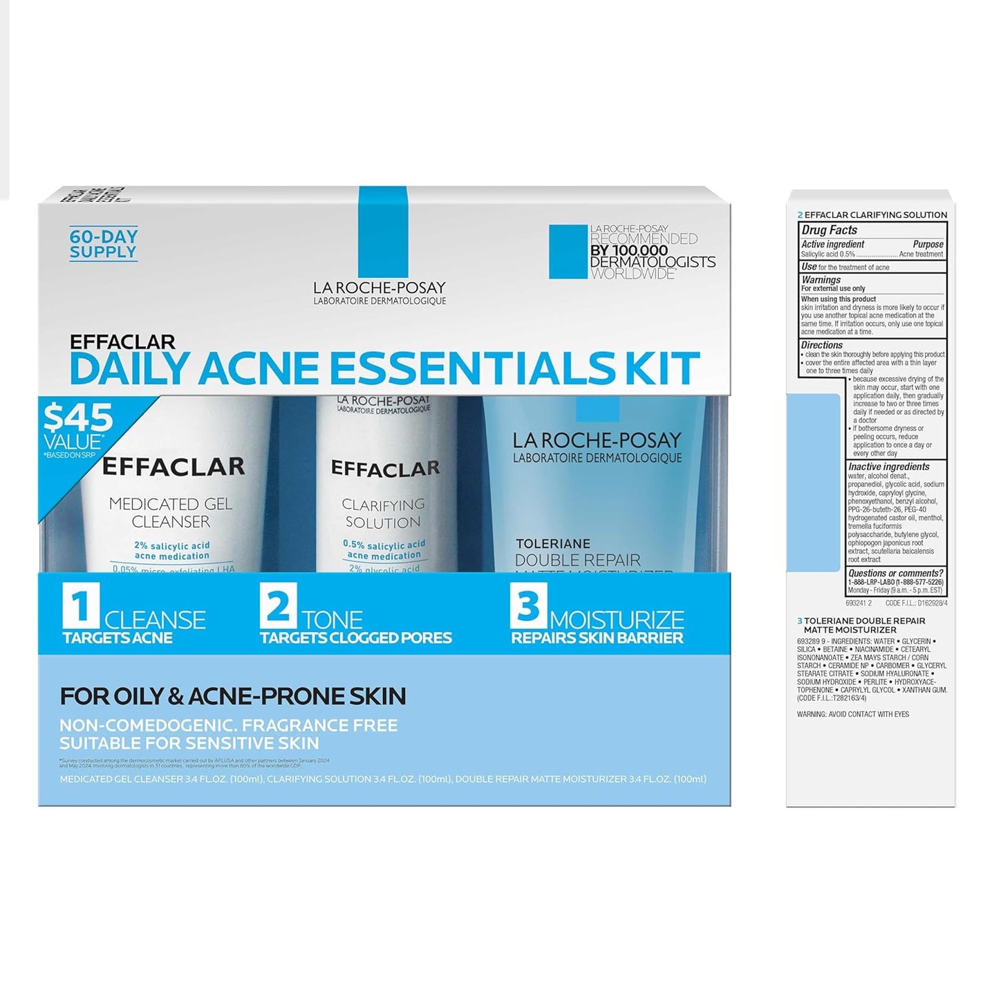 Effaclar Daily Acne Treatment Kit - Salicylic Acid Cleanser, Pore Refining Toner & Oil-Free Moisturizer | 2-Month Supply for Oily & Combination Skin