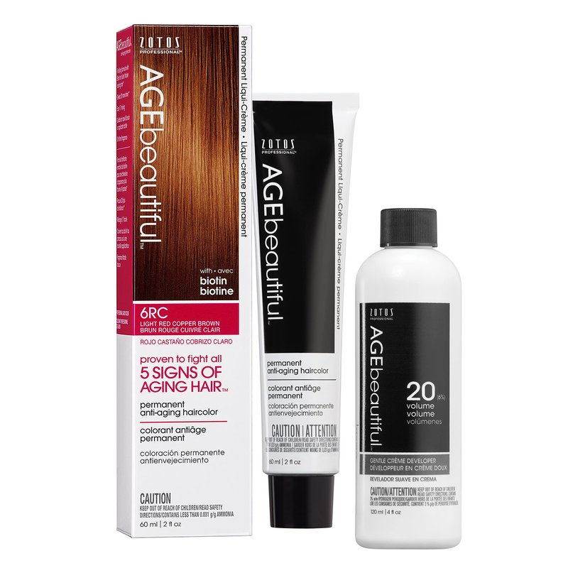 AGE beautiful Permanent Hair Color Dye Liqui Creme & Developer 20 Volume | 100% Gray Coverage | Anti-Aging | Biotin for Thicker, Fuller, Healthier Hair | 6RC Light Red Copper