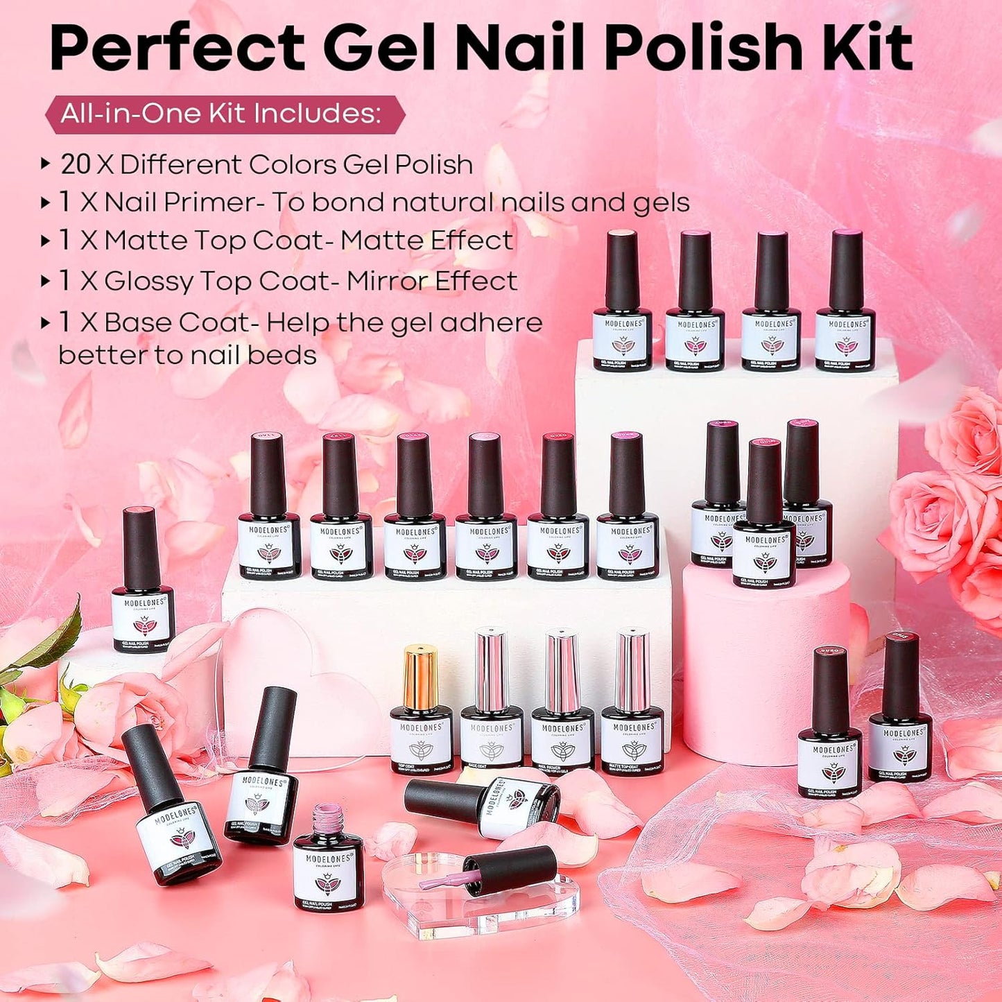 Modelones Gel Nail Polish Kit - 24 Pcs Hot Pink & Red Glitter | Soak Off Gel, Glossy & Matte Top Coat, Nail Art Gifts