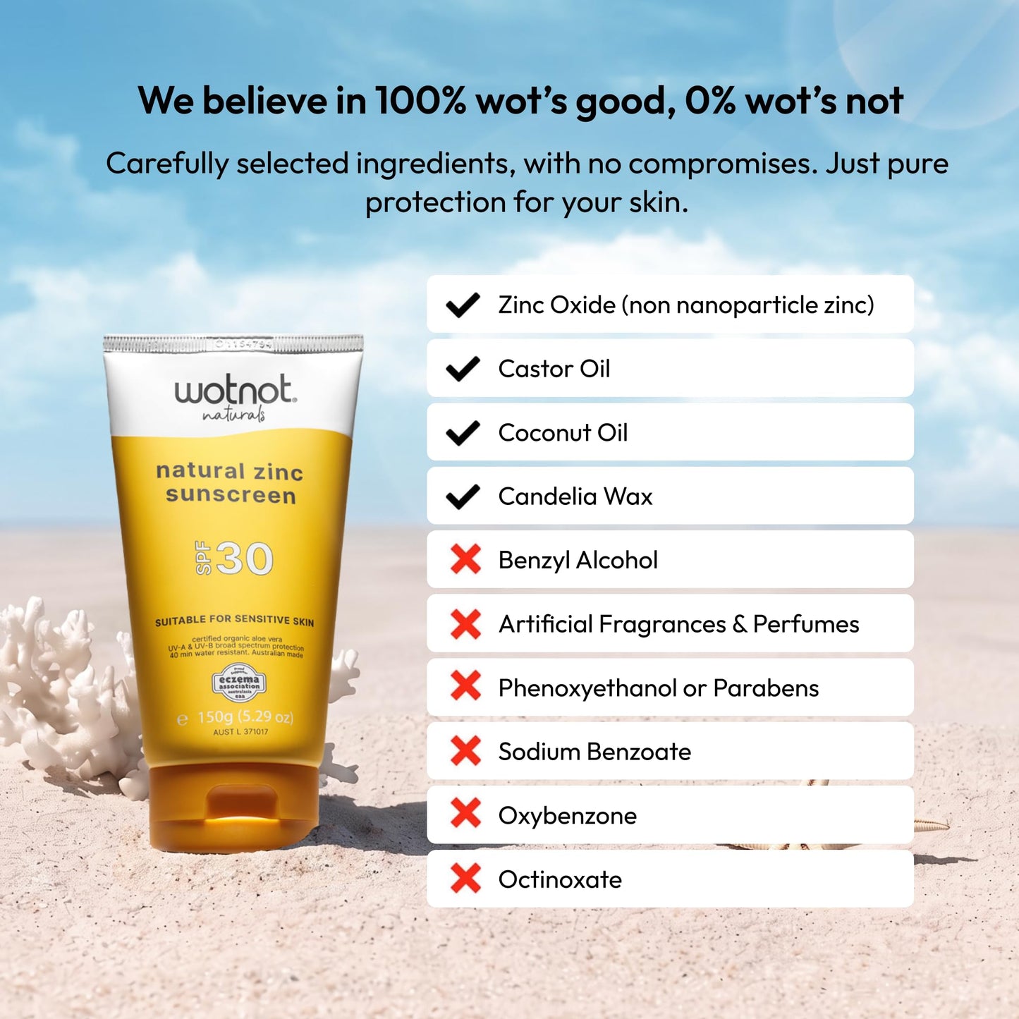 Wotnot Natural Zinc Sunscreen SPF 30 for Sensitive Skin, Mineral Sunscreen for Face & Body, Fragrance-Free Daily Sun Protection for Adults & Family, 5.3oz (150g)