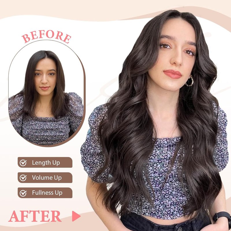 Clip-In Hair Extensions - 6 PCS Natural Soft Dark Brown Wavy Hairpieces | 20 Inch Length