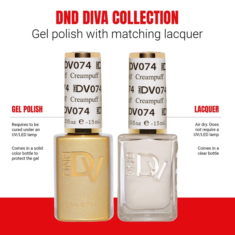 DND Gel Polish Set, Coquette Collection, UV/LED Gel Polish and Air Dry Nail Lacquer, Matching Chip-Free Polish Duo, 074 Creampuff, 0.5 Fl Oz