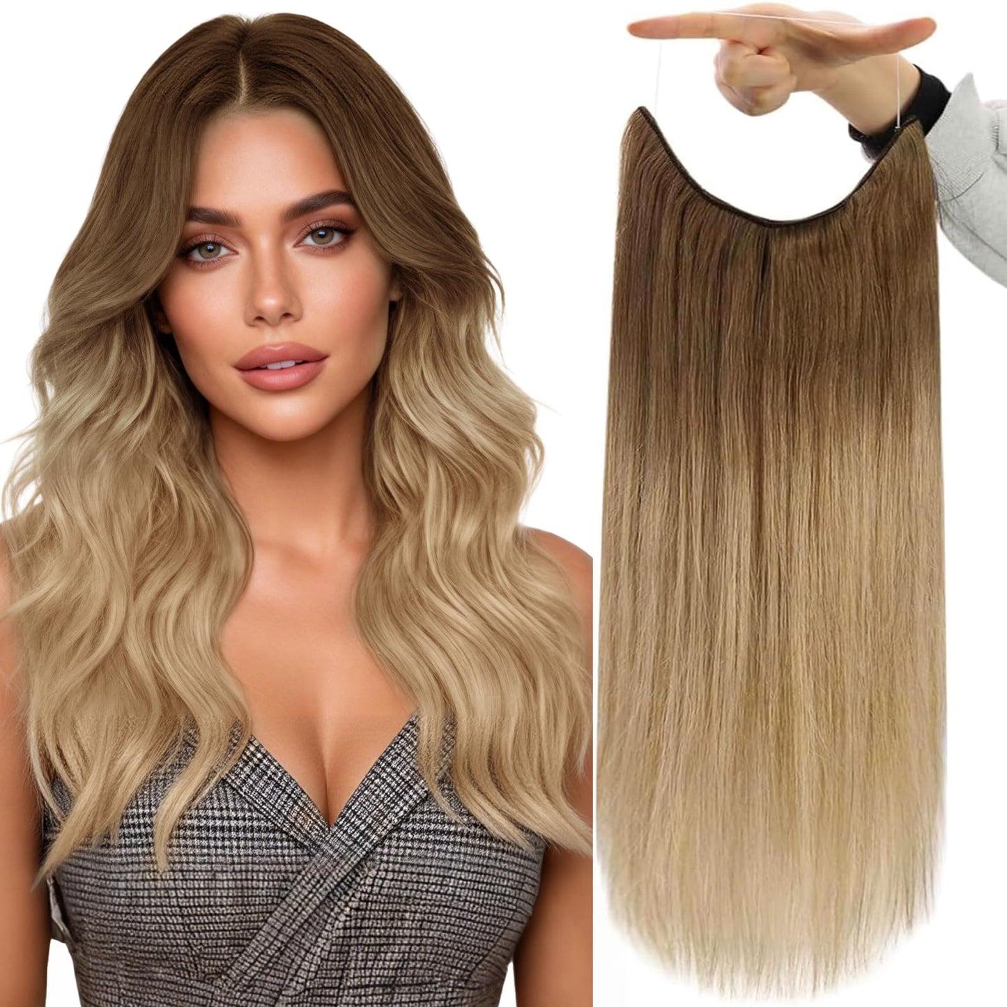 Fshine Invisible Wire Hair Extensions, 12 Inch Remy Human Hair, Golden Brown to Buttery Blonde Ombre 76g, Seamless Layered Hairpiece for Women
