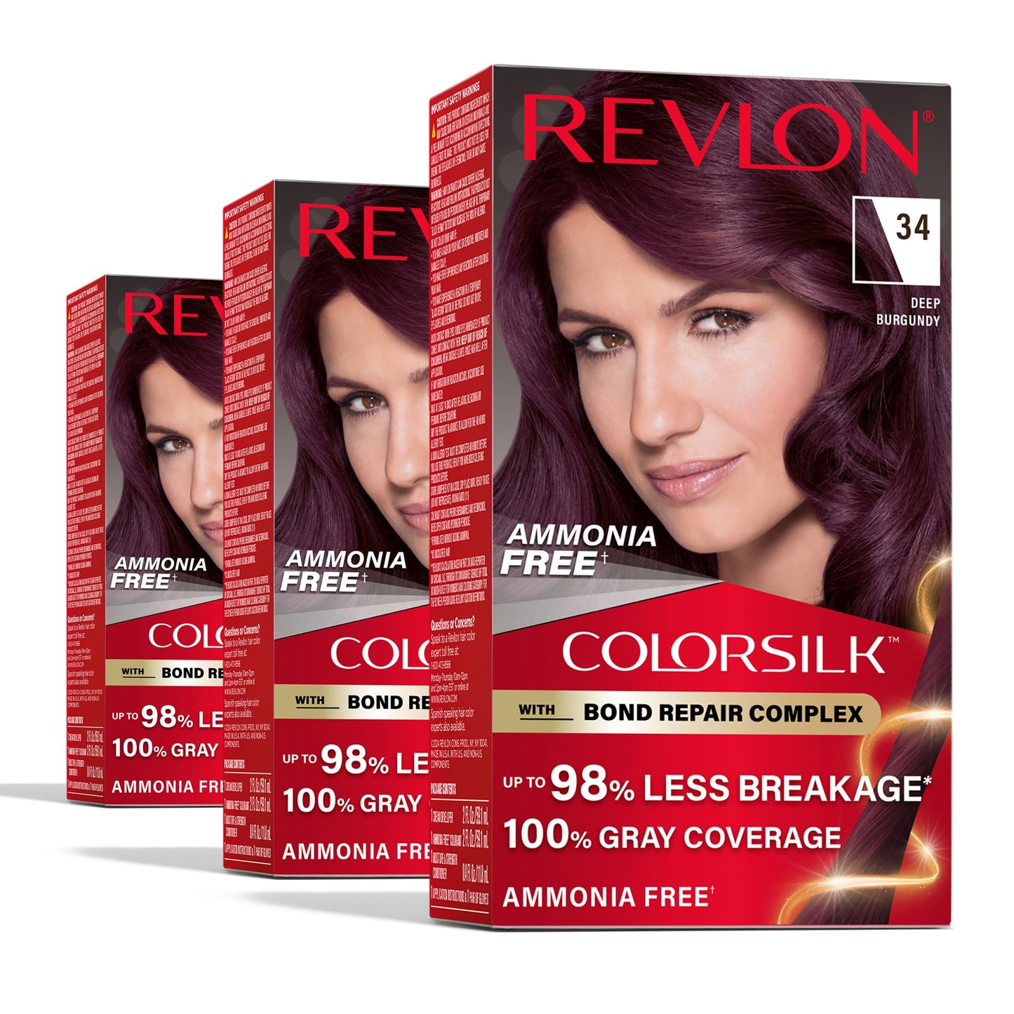 Revlon ColorSilk with Bond Repair Complex, Burgundy Permanent Hair Color, 100% Gray Coverage, Ammonia Free Hair Dye, Vegan Keratin, 34 Deep Burgundy (Pack of 3)