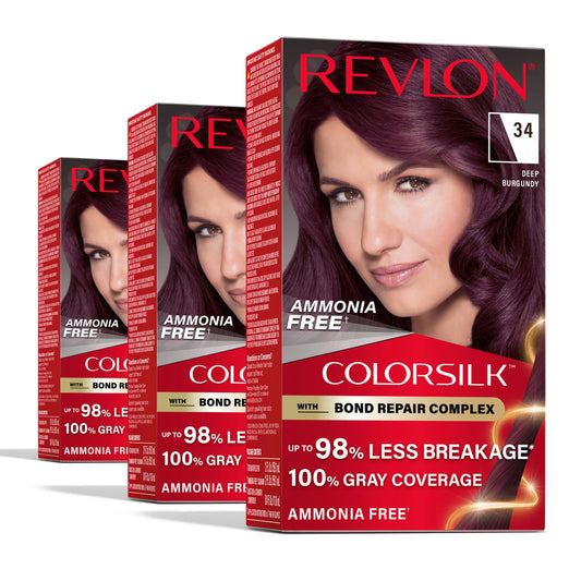 Revlon ColorSilk with Bond Repair Complex, Burgundy Permanent Hair Color, 100% Gray Coverage, Ammonia Free Hair Dye, Vegan Keratin, 34 Deep Burgundy (Pack of 3)